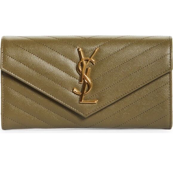 Saint Laurent Monogram Logo Leather Flap Wallet Vert Khaki